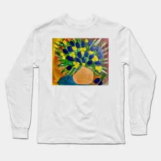 Abstract blue tulips in vintage style gold vase Long Sleeve T-Shirt